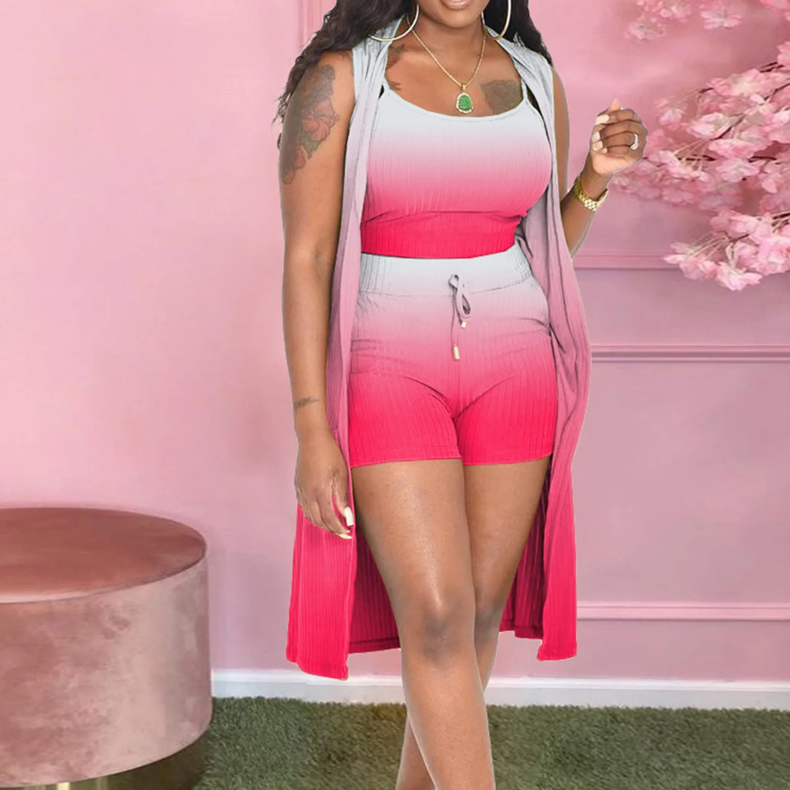 

Korean Fashion Streetwear Gradient 3 Piece Set Suspenders+Short Pants+Sleeveless Cardigan Summer Women Casual Trousers Outsuit