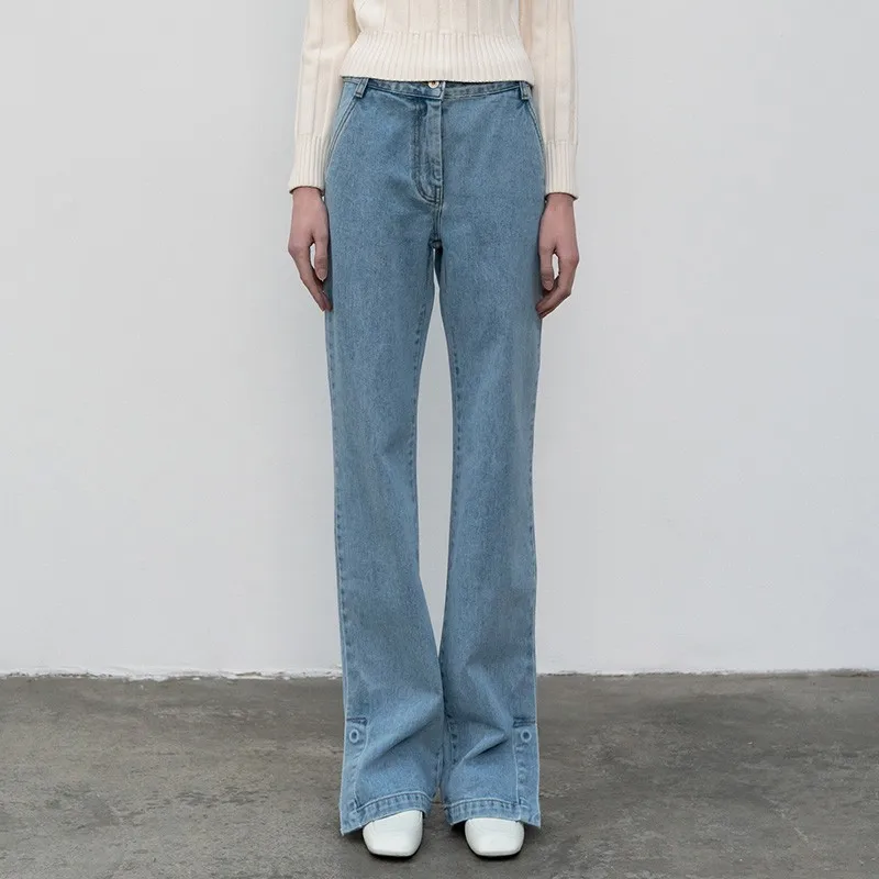 Dave&Di High Street Fashion Minimalist Side Split Jeans Women's High Waist Slim Leisure Slim Flap Pants Versatile Straight Jeans