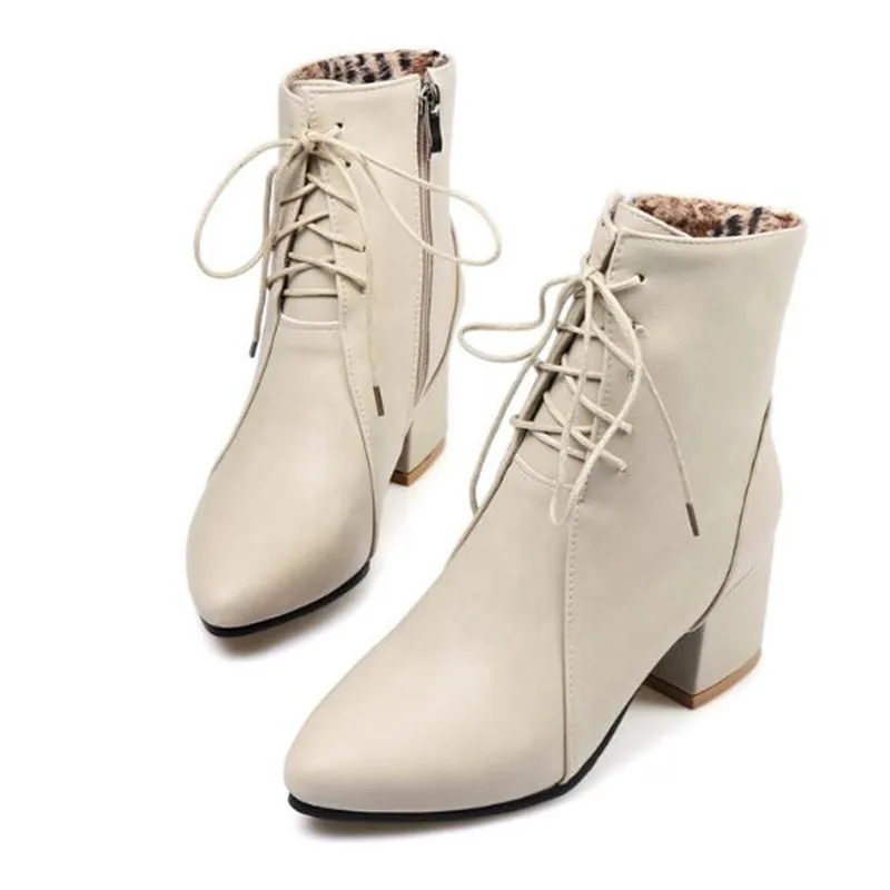 Fashion Women's Ankle Boots Autumn Winter Lace Up Pointed Toe Female Boots High Heel Shoes Woman Warm Plush Short Boots 34- 45