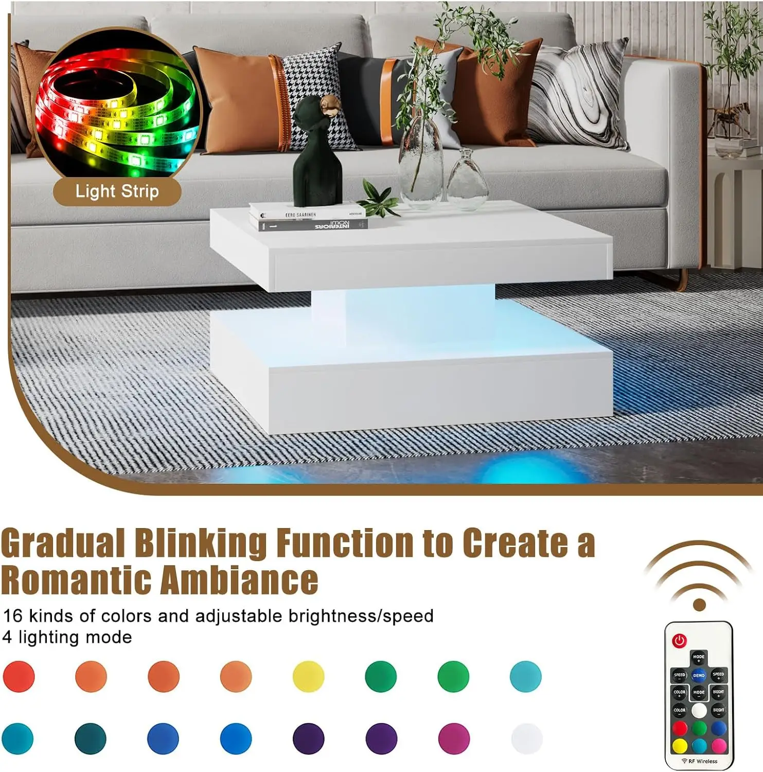 White LED Coffee Table with Storage for Living Room Modern Smart Tall Square Center Table 2 Tier Display Shelf 20 Colors 5