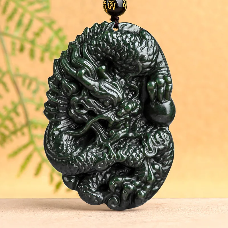 

Jiale/Hand-carved/ Natural Hetian Cyan Jade Zodiac Dragon Necklace Pendant Fashion Men and Women Fine Jewelry Couple Gift Amulet