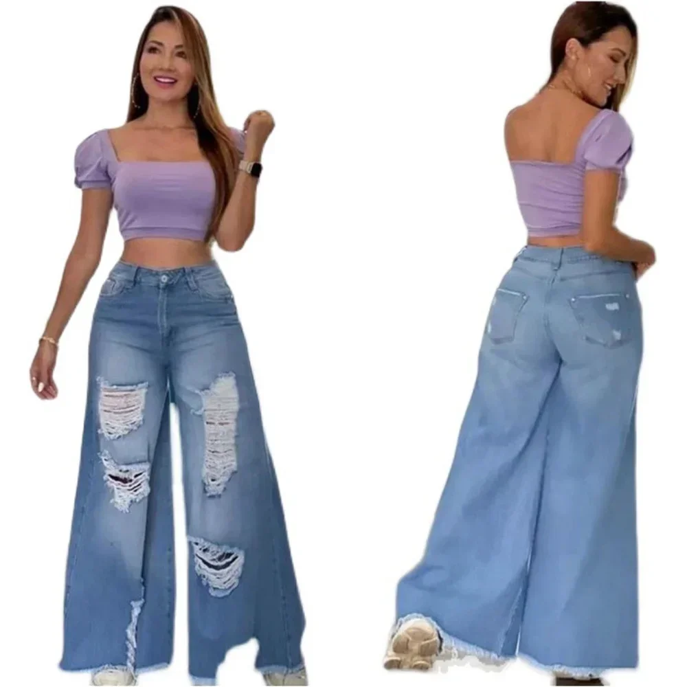 Streetwear Straight Pants Ladies Ripped Jeans High Waist Loose Wide Leg Pants Ladies Jeans Y2K Summer mon jeans High Street Jean