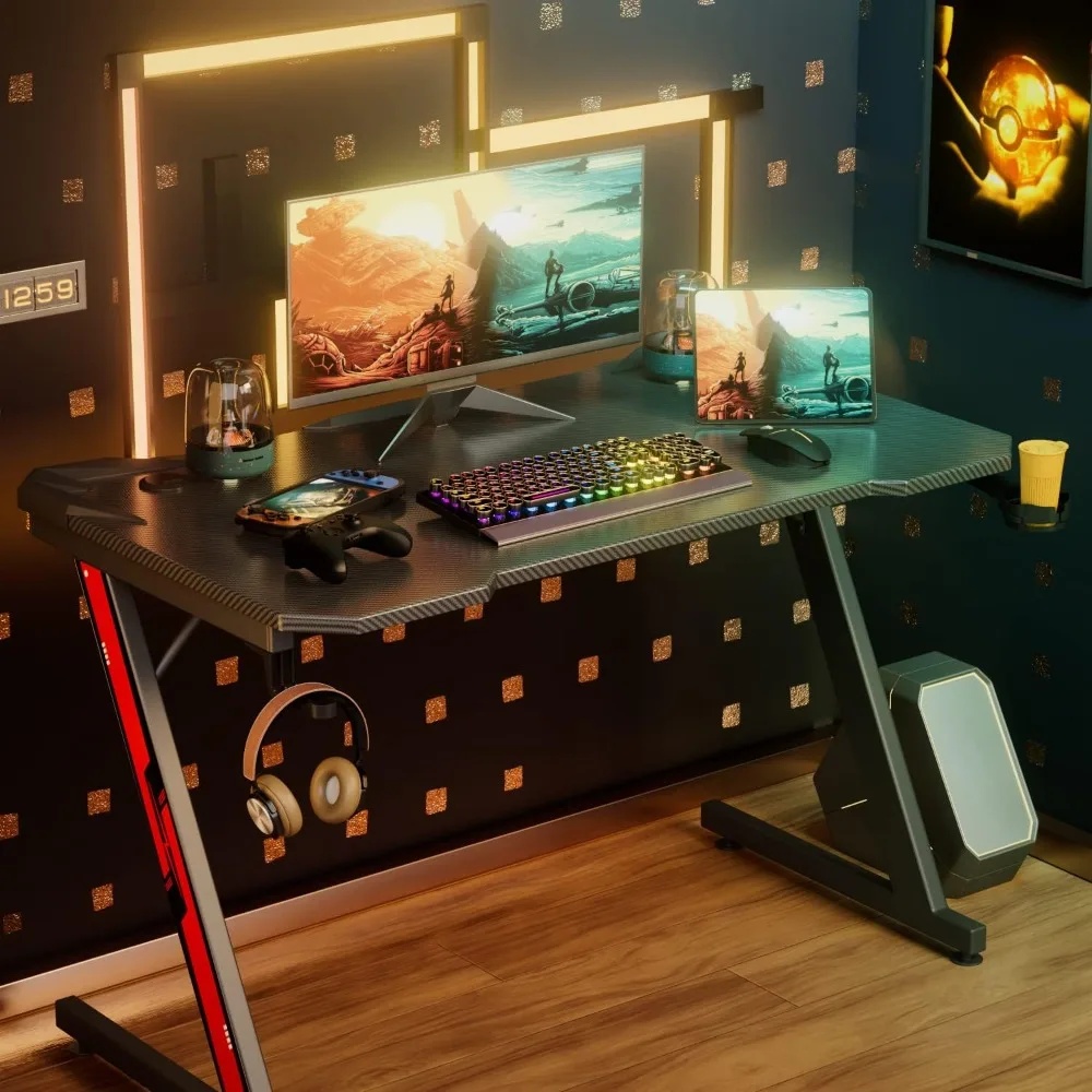 Game desk, carbon fiber surface computer desk, home office desk, with cup holder and headphone hook 2