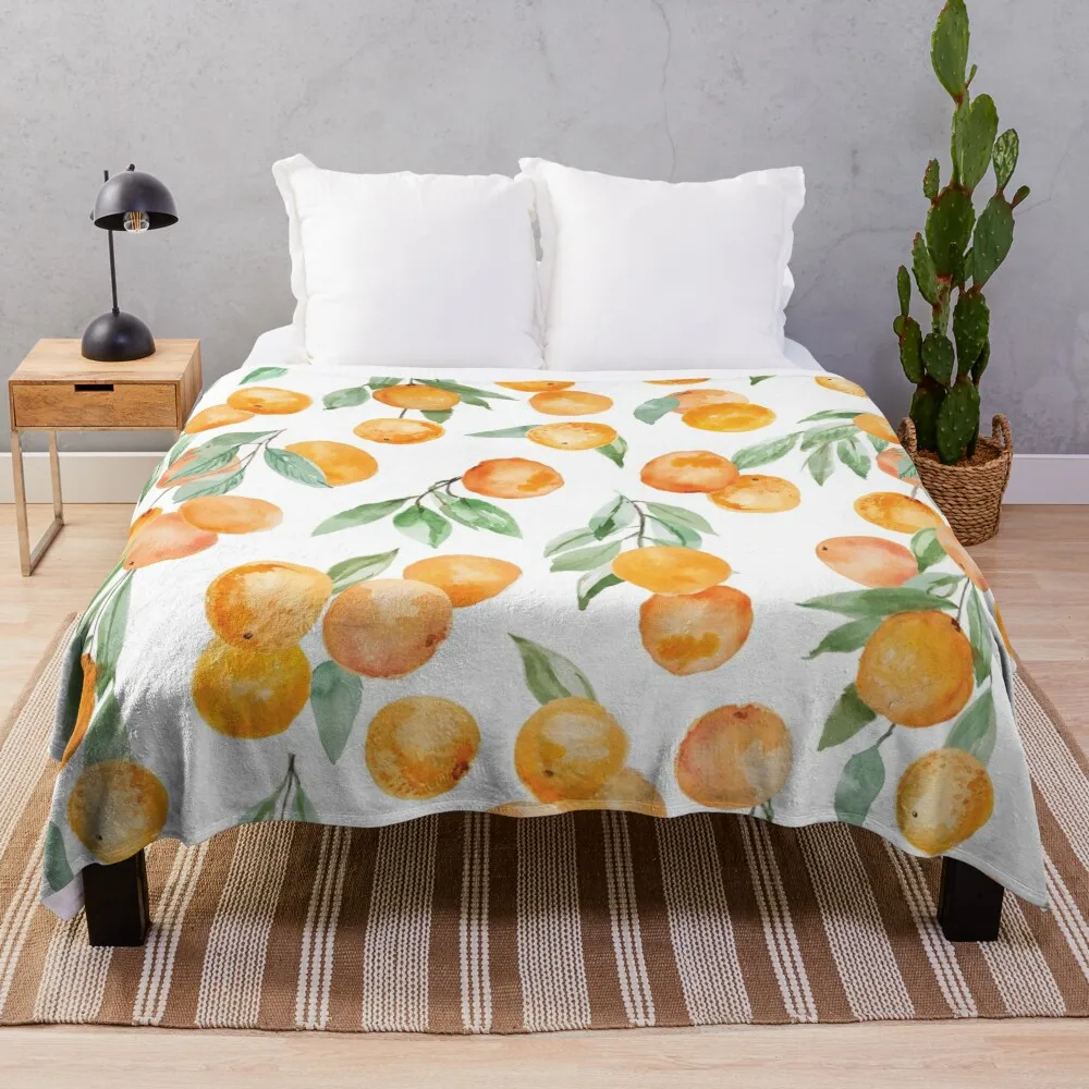 

Oranges with Leaves Watercolor Pattern Throw Blanket Soft Plaid Blankets For Sofas