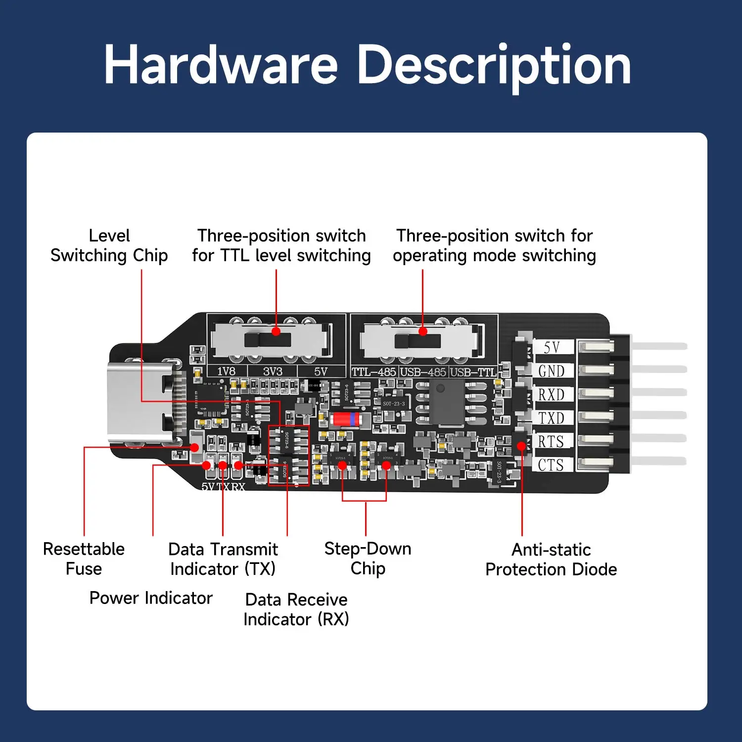 USB to TTL/USB to RS485/TTL to RS485 3-In-1 직렬 포트 변환기 Type-C 인터페이스 통신 모듈 1.8V/3.3V/5V 레벨스위치