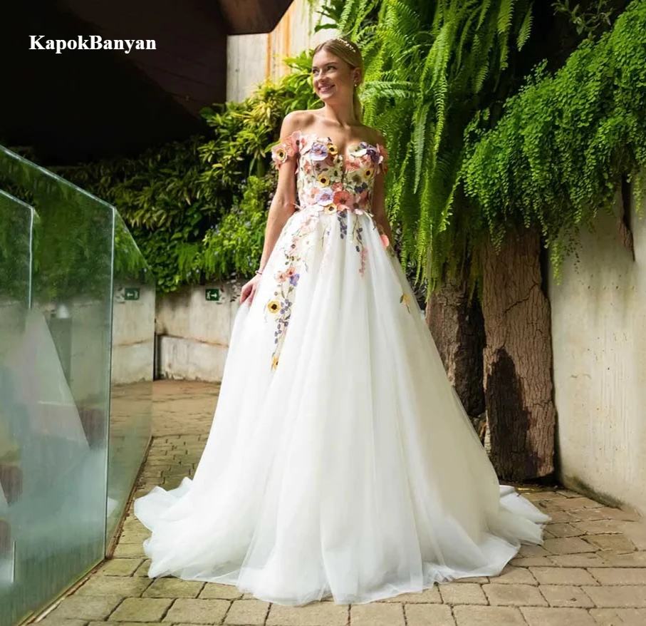 Princess 3d Flowers Lace Wedding Dresses A-Line Off The