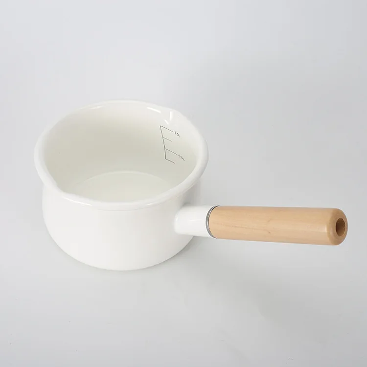 Milk Pot Porcelain Enameled 15cm 1L Wooden Single Handle Anti-scald Children Food Breakfast Egg Noodles Thickened High Quality