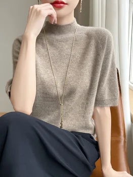 Fashion Basic Spring Summer Merino Wool Sweater Mock-Neck Cashmere Pullover Solid Color Soft Short Sleeve Shirt Clothing Tops