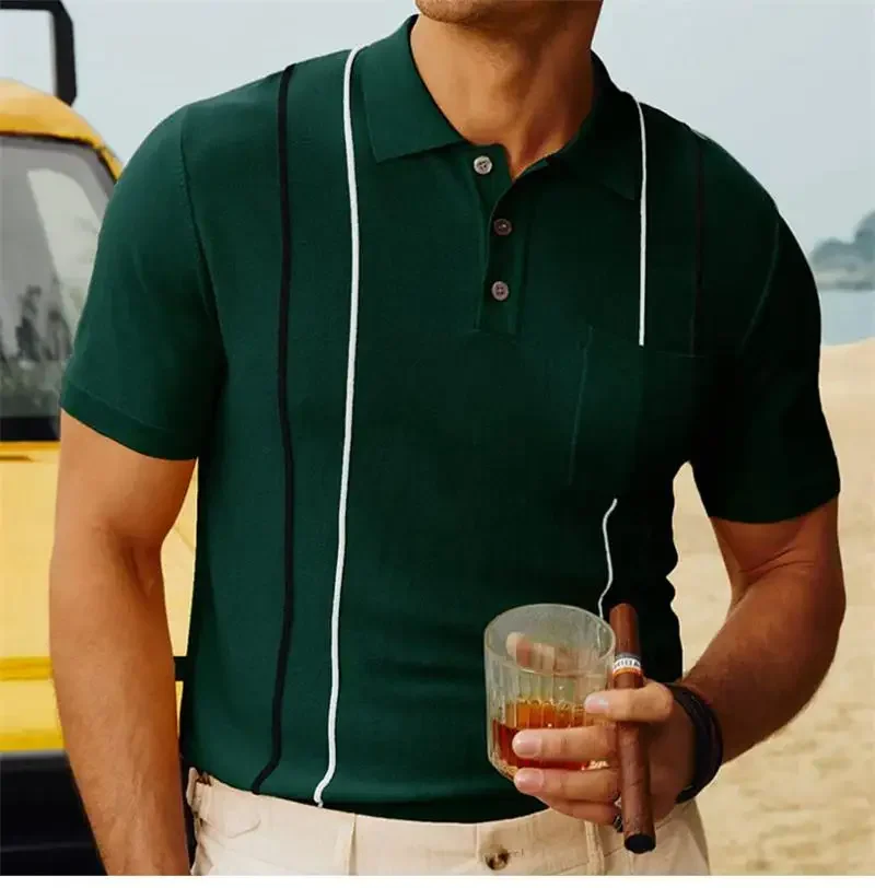 

Men's Short Sleeve Knit Button Pocket Stripe Panel, Thin Business Casual Knit, New Street Fashion, Summer, 2023
