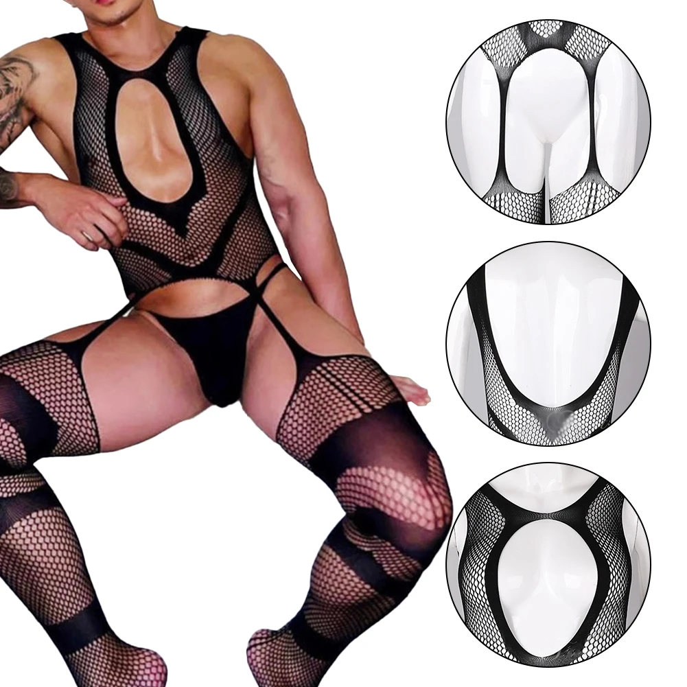 Mens Sissy Bodysuits Stockings Lingerie See Through Net Bodysuit Full Body Hollow Underwear Transparent Temptation Pantyhose