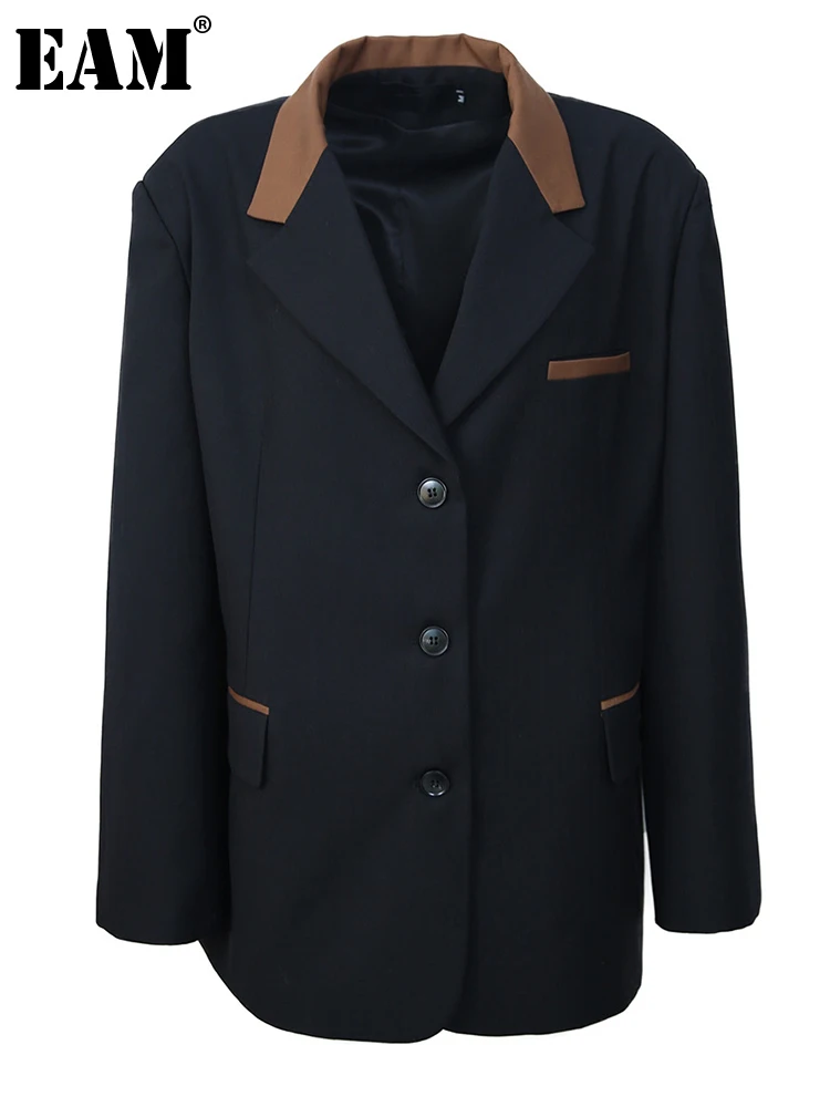 

[EAM] Women Black Color-block Big Size Blazer New Lapel Long Sleeve Loose Fit Jacket Fashion Tide Spring Autumn 2023 1DH2026