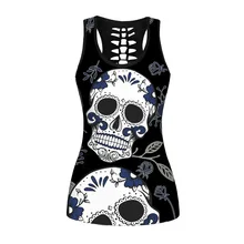 

[You're My Secret] Summer Sleeveless Sexy Corset Top Off Shoulder Seamless Gothic Style Skull Printed Club Party Wear Tank Tops