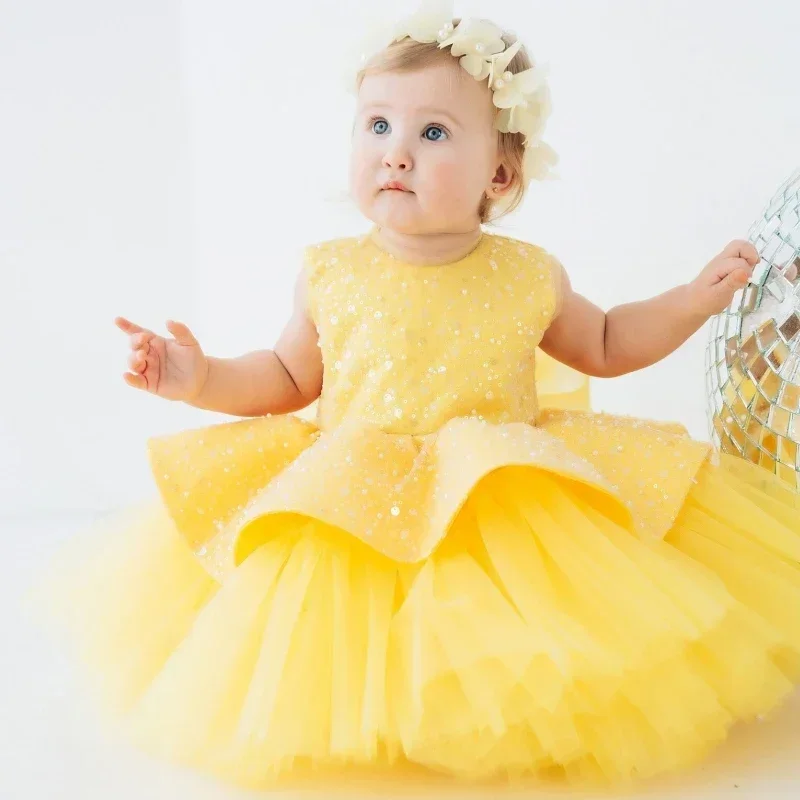 

Flower Girl Dress Yellow Tulle Puffy Sequin With Bow Little Girl Wedding Birthday Party First Communion Holiday Dress
