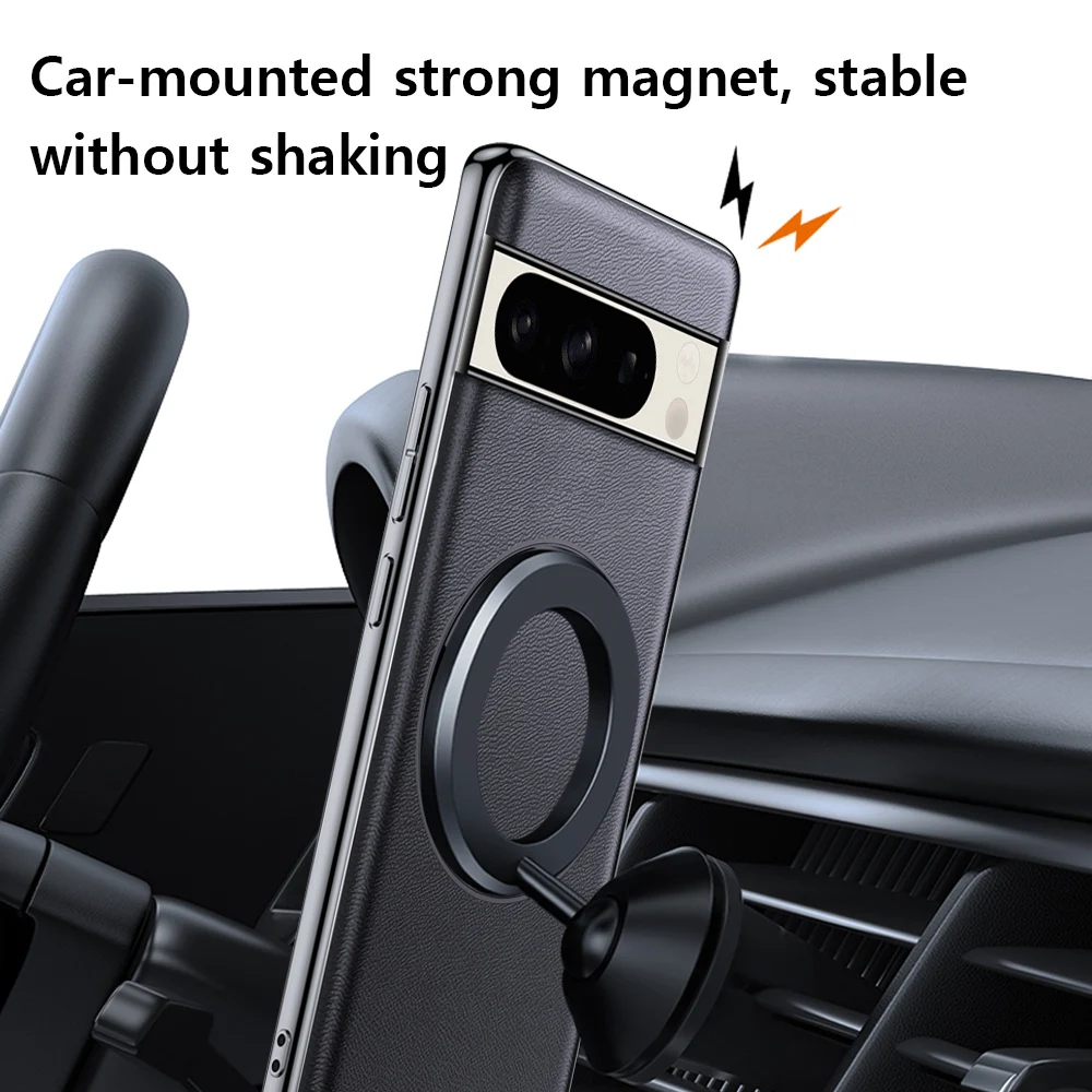 Magnetic Genuine Leather Phone Case for Google Pixel 8 7 Pro 8Pro 7Pro Ring Luxury Lens Protection Holder Phone Back Cover