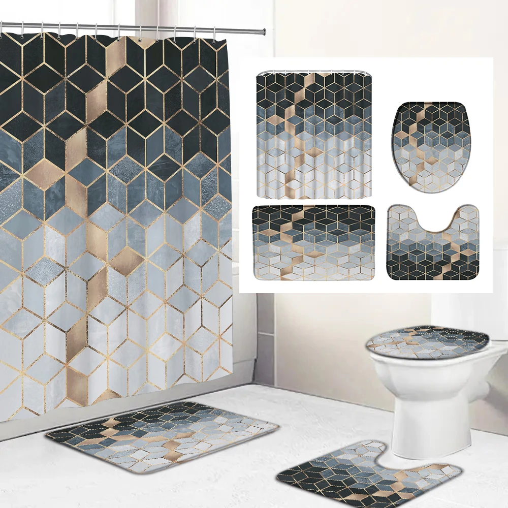 

Marble Pattern Waterproof Shower Curtain Bathroom Mats and Curtains Bath Mat Sets Bathtub Screen Toilet Lid Cover Rug Home Decor