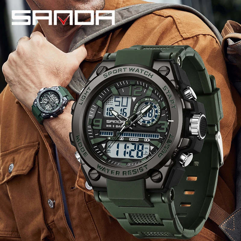 SANDA Military Quartz Watch Dual Display Men Sports Watches G Style LED Digital Military Waterproof Watches Relogio Masculino