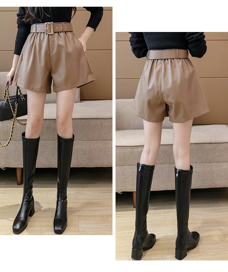 2022 New Autumn Winter PU Leather Women's Shorts With Belted Stylish OL High Waist Pockets Wide Legged Trousers Female women's clothing stores