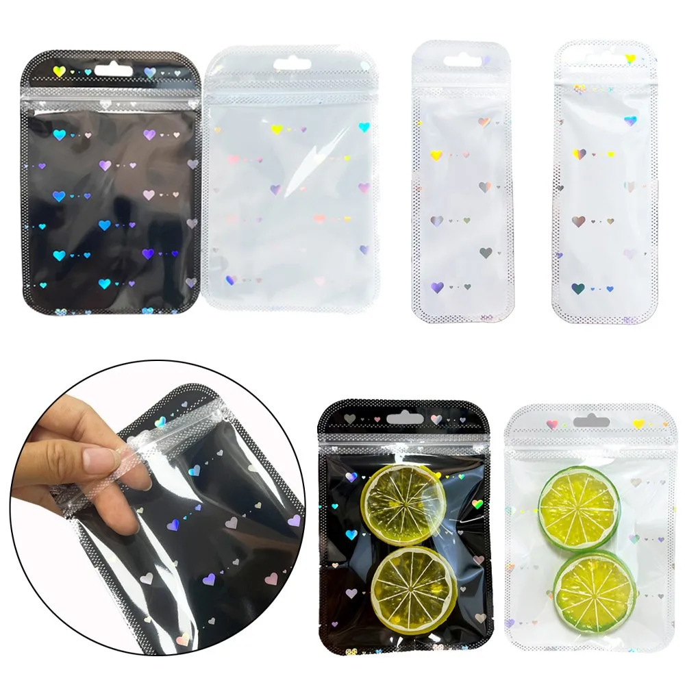 50Pcs Holographic Plastic Love Self-Sealing Laser Self-Sealing Bag Jewelry Packaging Gift Storage Bag Small Business Wholesale