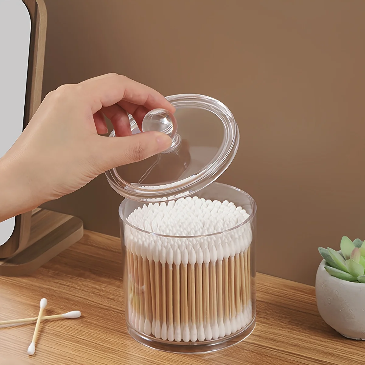 1pc Clear Apothecary Qtip Storage Jar With Bamboo Lids Vanity Makeup Organizer Storage Containers For Swab Ball Pads
