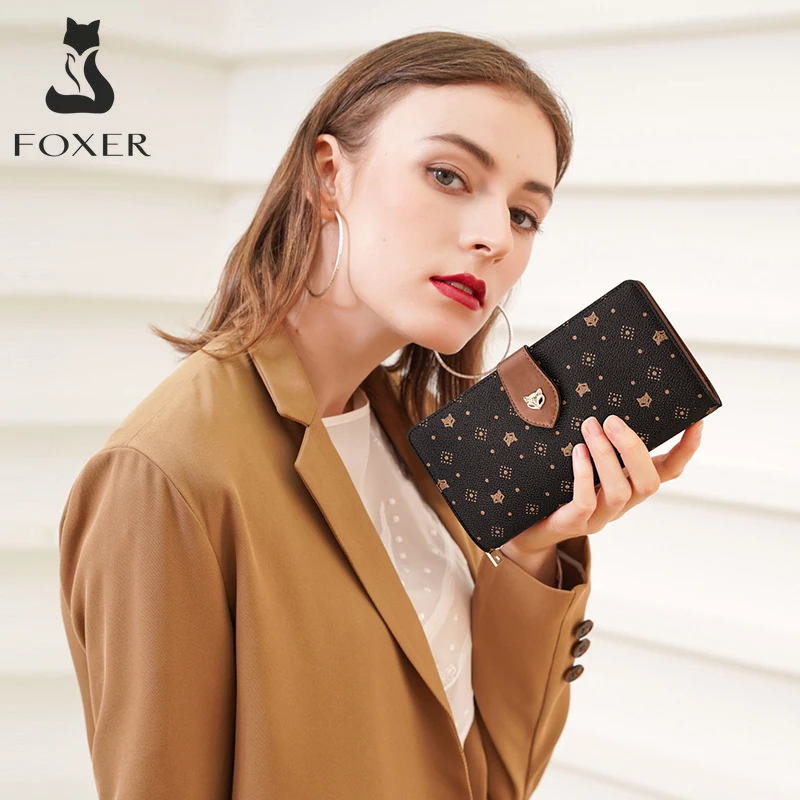 FOXER 여성용 장지갑 카드 홀더, 세련된 돈 가방, 모노그램 디자인, PVC 가죽, 손목 스트랩 가방, 여성 동전 지갑