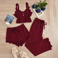 Ensemble de pyjamas 3 pièces pour femmes, vêtements de nuit, débardeur uni, shorts et pantalon, avec empiècements en dentelle, pour la maison et les loisirs 1