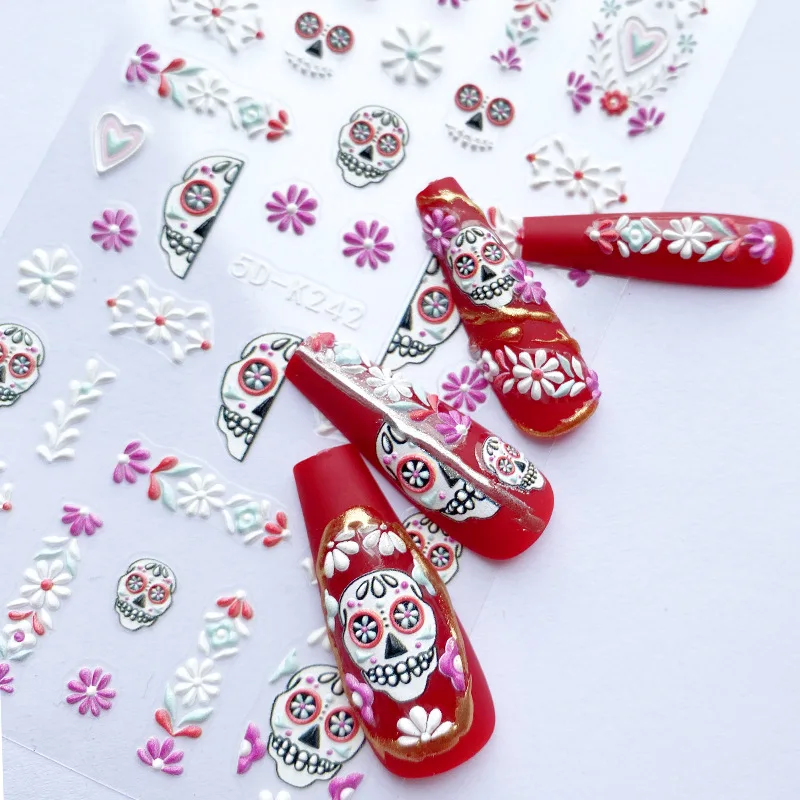 5D Realistic Relief Happy Halloween Prank Cute Skull Ghost Jack-o'-lantern Adhesive Nail Art Stickers Decals Manicure Charms 5