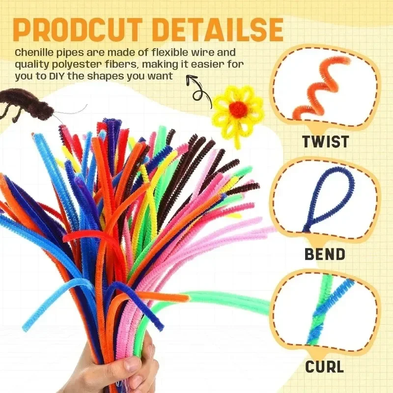 Colorful Chenille Stems Pipe Cleaner 1000/10pcs DIY Plush Tinsel Stem Wired Twist Stick Hair Strip Kid Handmade Educational Toys