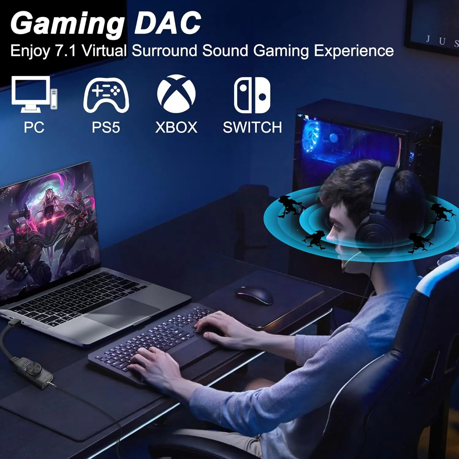 USB 사운드 카드 가상 7.1 서라운드 사운드 USB 외부 사운드 카드 어댑터 PC/PS4/PS5/Mac/게임용 헤드셋 플러그용 사운드 효과