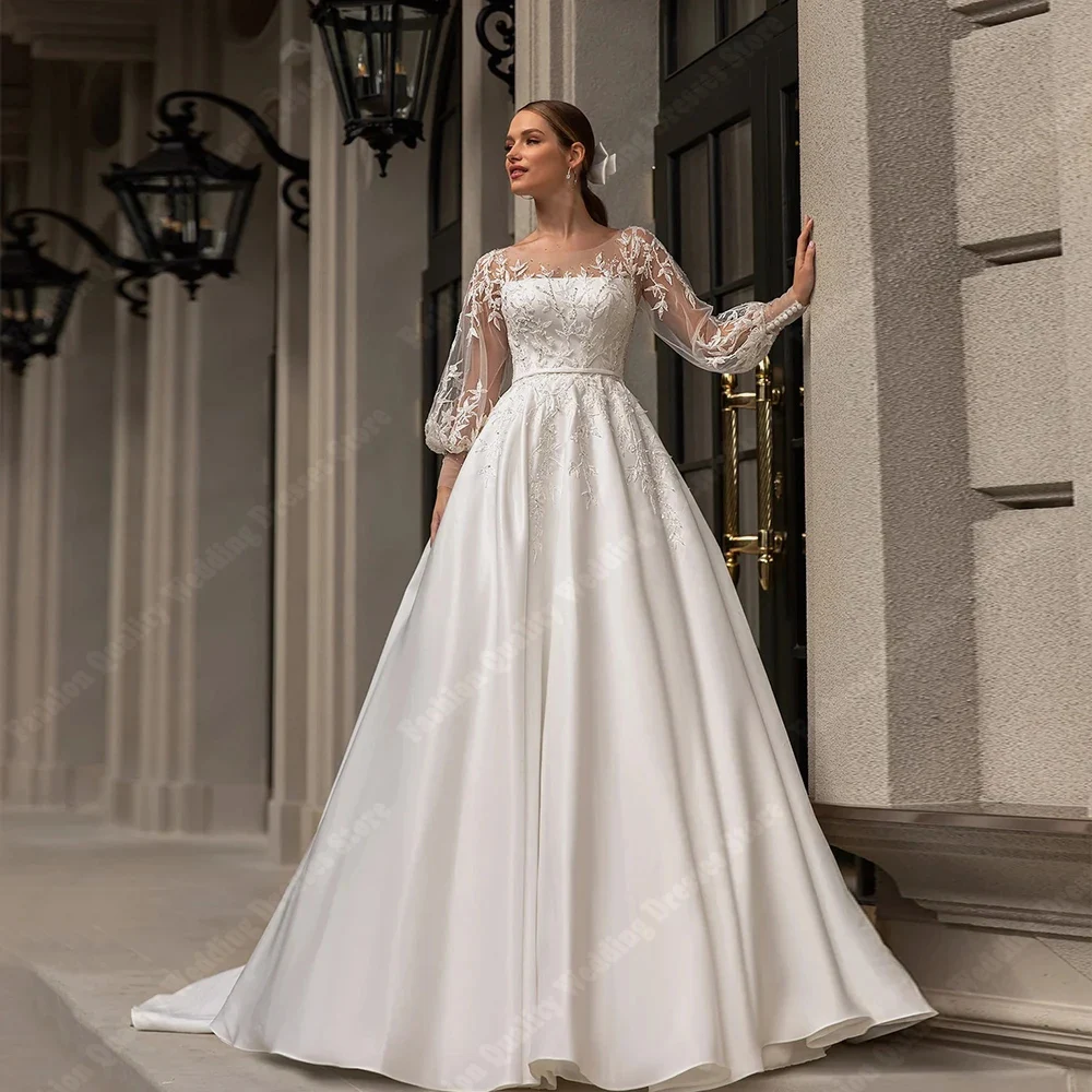 Beautiful Lace Printing Lady Wedding Dresses Gauze Long Sleeves Vintage Bridal Gowns Shiny Fabric Decal Design Vestidos De Novia lace wedding dresses long sleeve 2020 plus size vintage belt bridal wedding gowns real photo