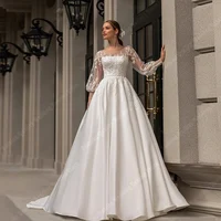 Beautiful Lace Printing Women Wedding Dresses Long Sleeves Vintage Bridal Gowns Shiny Decal Design Vestidos De Novia Customized 1