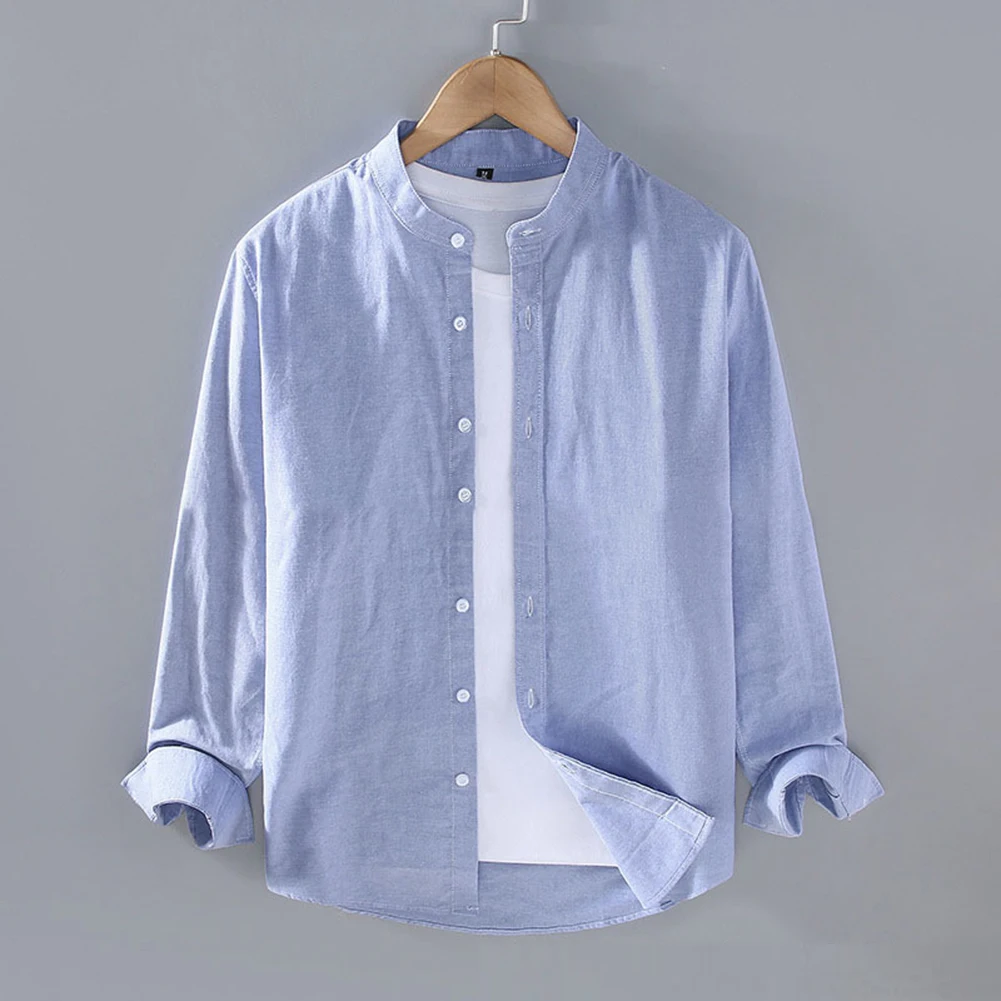 New Men's Cotton Linen Shirts Blouse Single Breasted Stand Collar Long Sleeve Solid Color Shirt Casual Male Tops
