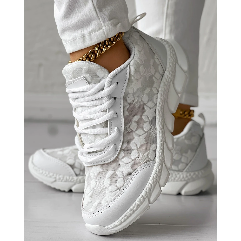 Women Star Pattern Lace-up Breathable Sneakers Daily Casual Round Toe White Sports Shoes Spring Fashion Going Out Running Shoes