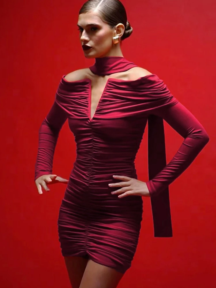 Nibber Long Scarf+Off-Shoulder Dress Women Long Sleeve Folds v-Neck Peach Butt Skinny High Elasticity Party Hipster Mini Bodycon