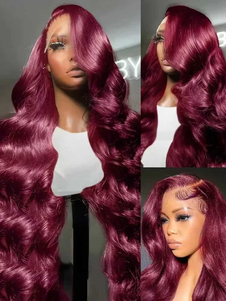 28 Inch 99j Burgundy Lace Front Wigs Human Hair Red Burgundy Wig 250% Density 13x4 Body Wave Lace Front Wigs Pre Plucked 4