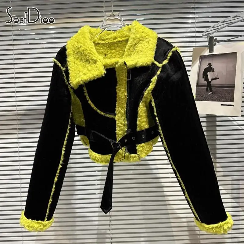 

Soefdioo Fur Patchwork Belt Short Jacket Women Autumn Winter 2023 Y2K Tops Streetwear Fashion Long Sleeve Lapel Zip Padded Coats