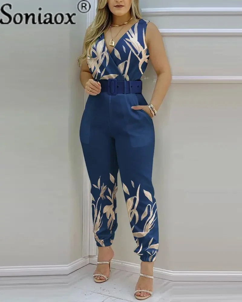 2022 New Summer V-Neck Backless Printed High Waist Jumpsuit for Women Bodysuit Overalls Jumpsuit Ladies Sexy Casual Streetwear