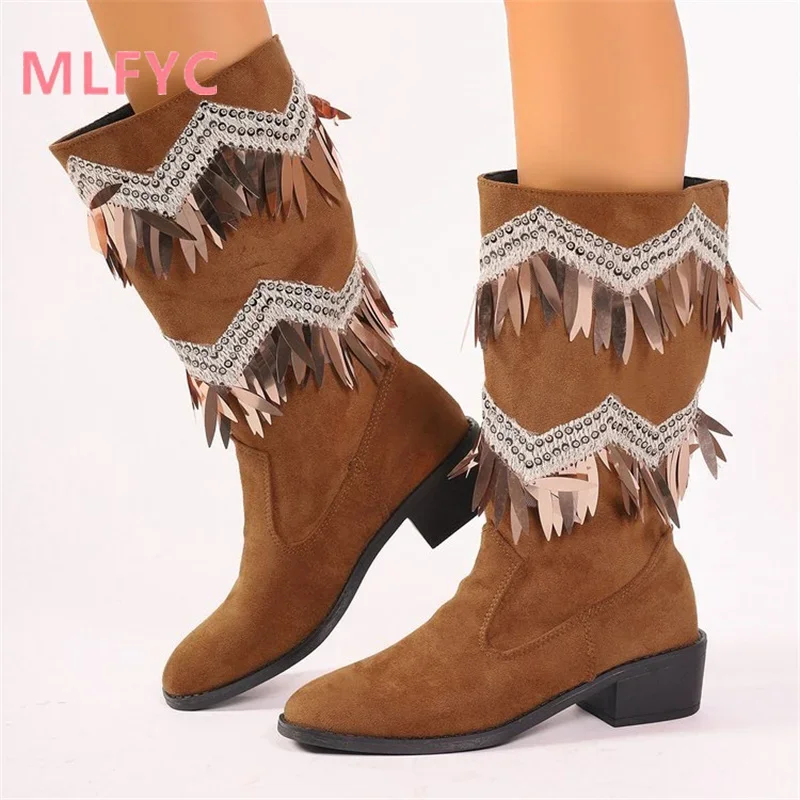 Women's Foreign Trade Winter New European American Beaded Tassels Western Boots Pointed Thick Heel Long Sleeve Women's Boots