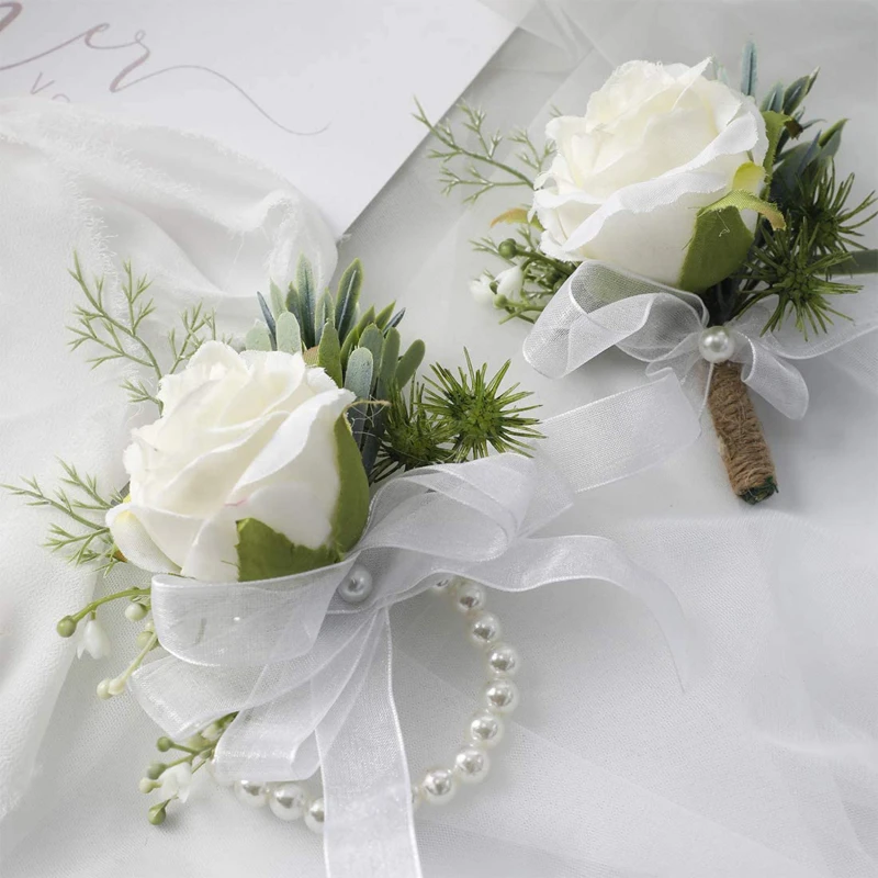 Corsage Men Wedding Boutonniere White Bridal Wrist Corsage Bridesmaid Groomsmen Prom Party Meeting Personal Decorati