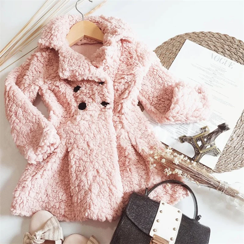

New Fashion Kids Girls Winter Coat Solid Color Long Sleeve Lapel Plush Jacket Double Breasted A-Line Outwear 1-6 Years