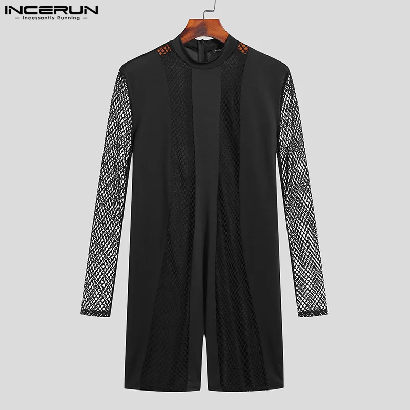 INCERUN Casual Party Hot Sale Homewear New Men's See-through Mesh Bodysuit Sexy Splicing Solid Long-sleeved Thin Jumpsuit S-5XL