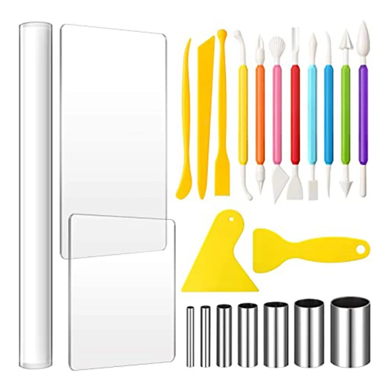 

HOT SALE 23 Pieces Clay DIY Tool Set, Acrylic Clay Roller, Acrylic Sheet, Scraper Backing Board, Round Circle Shape Cutter