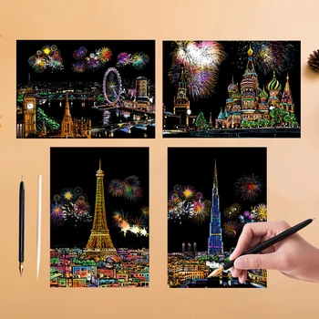 12 Fogli di Carta Magica da Grattare con Pennino, Dipinti di Monumenti e Animali, Kit per Disegno Fai-da-Te, Giocattolo Antistress, Regalo per Bambini e Adulti