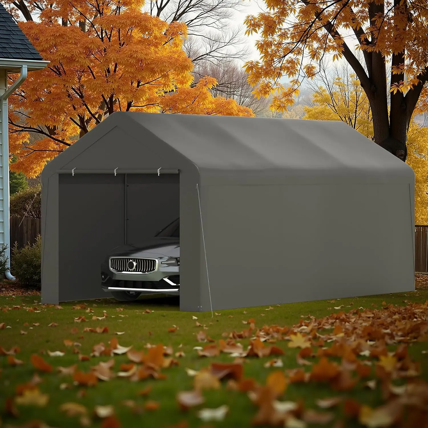 10‘ x 20’Heavy Duty Enclosed Garage All-Season Car Canopy with Removable Sidewall & Doors, Portable Canopy with Water-Resistant