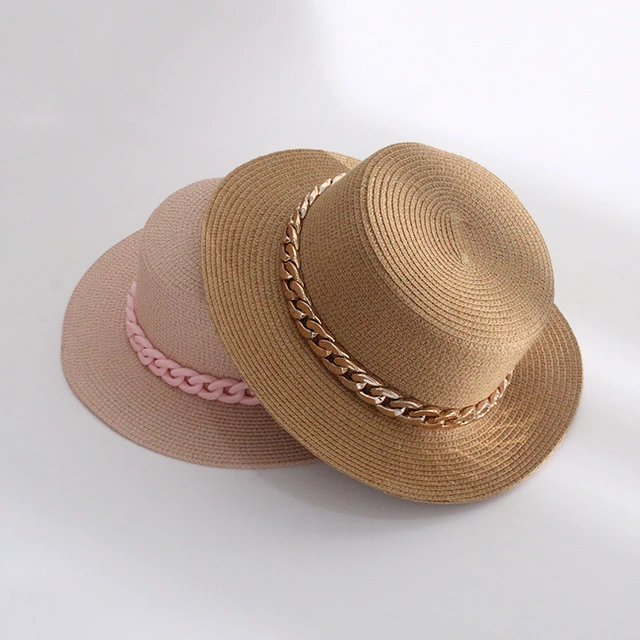 Simplicity Summer Wide Brim British Flat Top Straw Hat Fashion Colorful  Chain Sun Hat Panama Candy Color Anti-UV Beach Hat - AliExpress