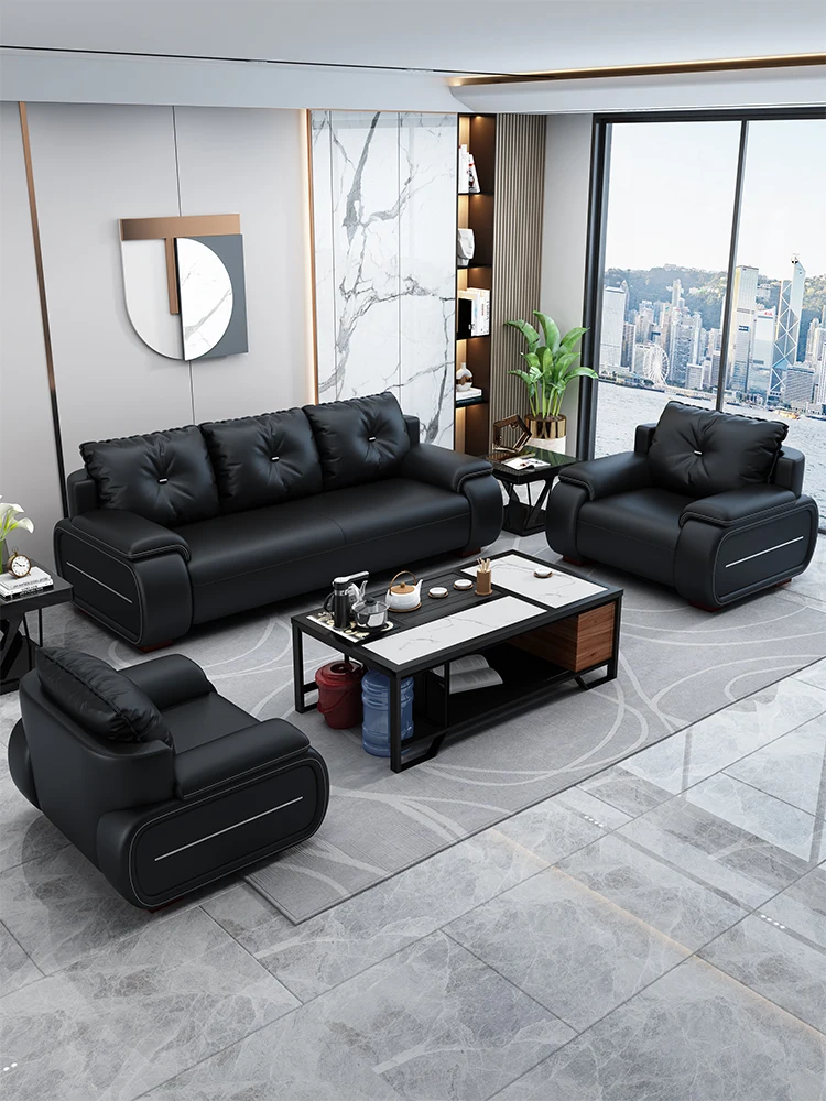 

Office sofa simple modern leather business coffee table combination set three VIP reception office