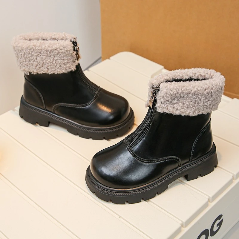 Winter Children Plush Boots Classic Kids Fashion Causal Cotton Boots Thick Bottom Warm Versatile Girls Ankle Boots Front Zipper