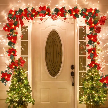 2M10LED Christmas Garland Lighting Strings Artificial Red Flowers Holly Leaves  for Home 2024 Xmas Ornament New Year Gifts 2025
