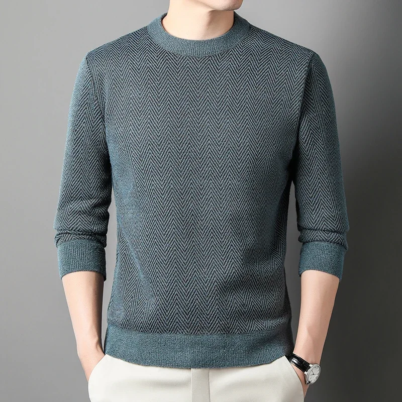 Thickening Winter Men's Round Neck Thickened Sweater Knitted Pullover Solid Color Long Sleeved Casual Daily Warm Coat 2