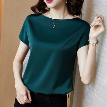Office Lady Tops Summer Short Sleeve O-Neck Blouses Satin Blouse Women Shirts Simple Solid Casual Loose Shirt Blusas DF4904