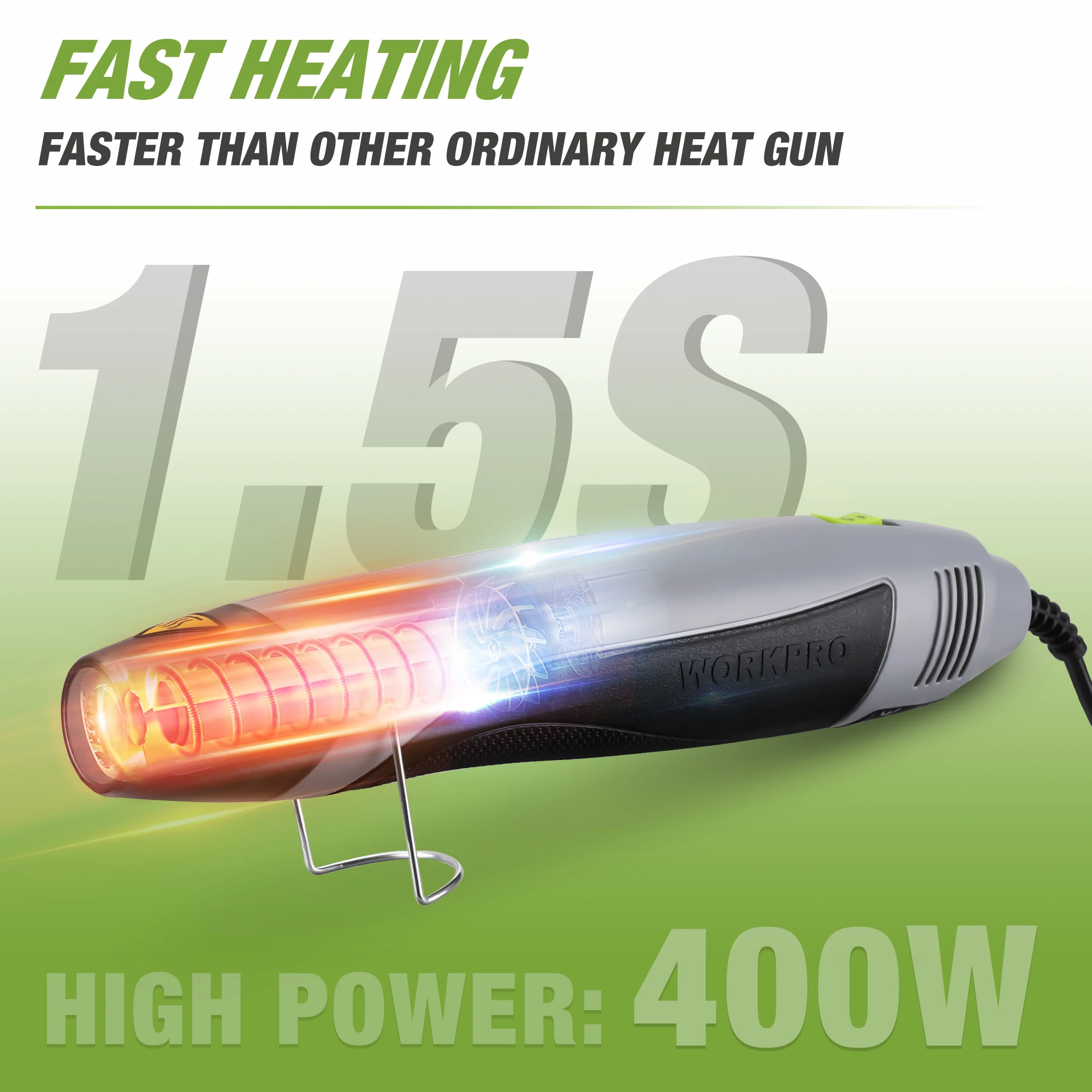 WORKPRO Heat Gun, 400W Mini Hot Air Gun with Reflector Nozzle, 2 Temp Settings 250℃/450℃，Shrink Wrapping PVC, Drying Paint 3